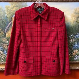 Lauren Ralph Lauren Wool Plaid Blazer Red/Black Zip Pockets Women's Size 8